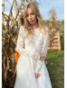 Long Sleeves Ivory Lace Polka Dots Tulle Boho Wedding Dress